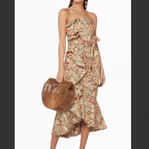 Alexis Strapless Leaf Print Dress - Green and Orange